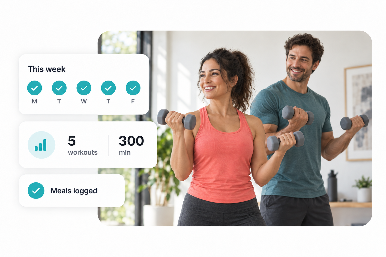 Two people finishing a home workout, with their weekly workout streak, minutes and logged meals shown alongside