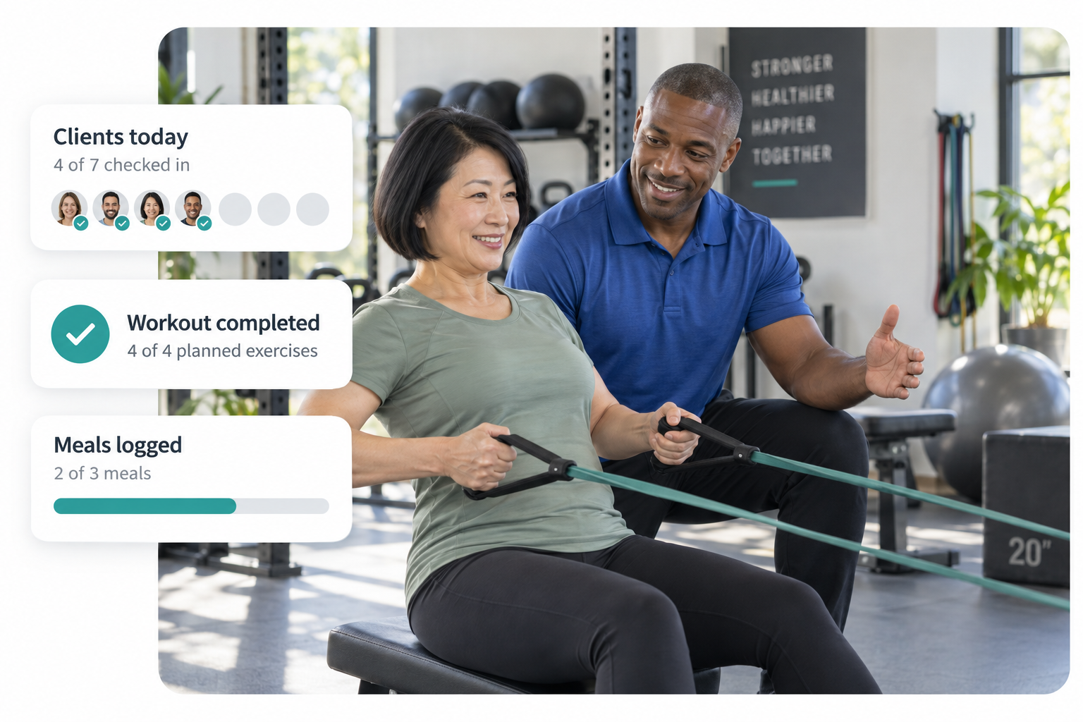 A trainer coaching a client, with client check-ins, workout completion and logged meals shown alongside