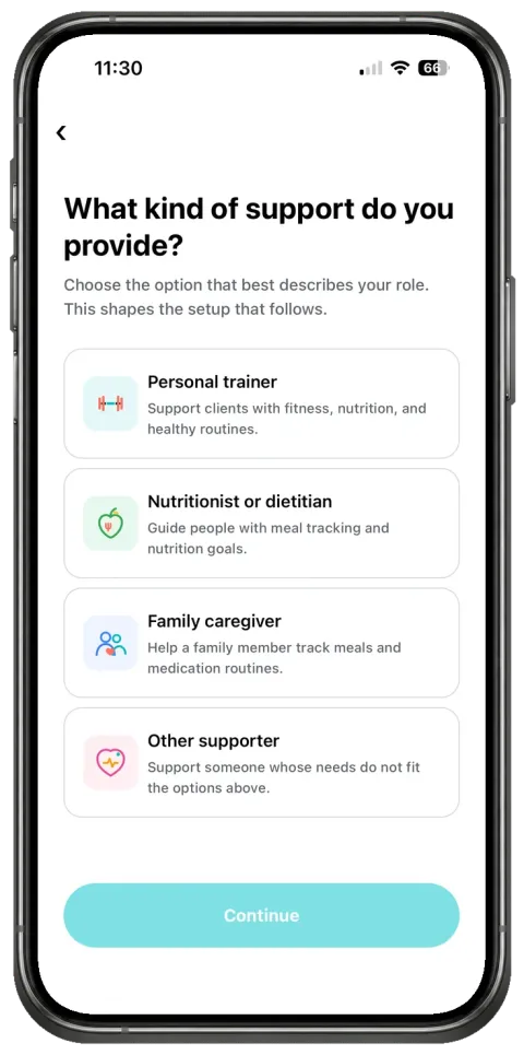 GymTribe screen for choosing a coaching support role
