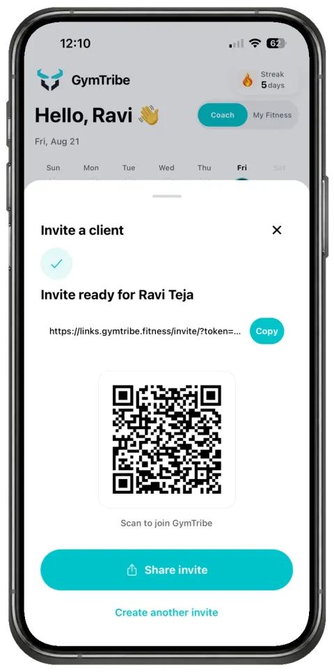 GymTribe trainer screen showing a private client invitation link and QR code