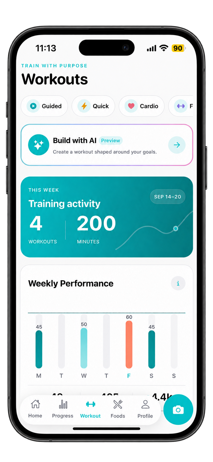 GymTribe Workouts screen showing weekly training activity and performance